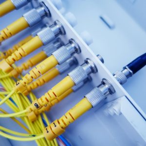 Close-up of yellow fiber optic cables in a network server, showcasing fast data transfer.